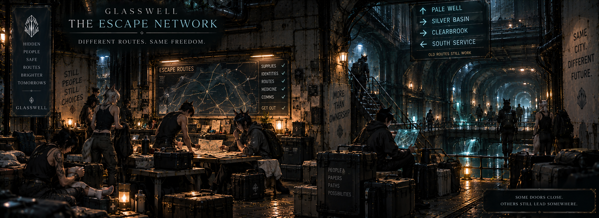 Glassbreakers and escaped demi-humans preparing routes through the hidden Underwell escape network.