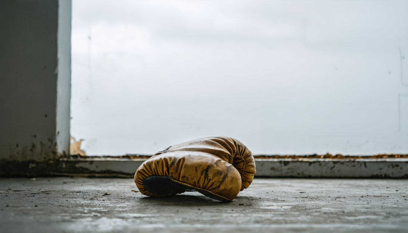 A single padded boxing glove resting on a concrete floor in dim, overcast light, slightly worn at the knuckles.
