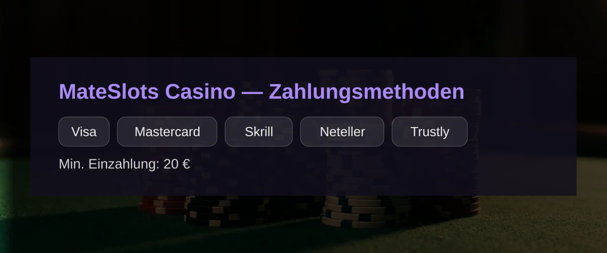 MateSlots Casino — Zahlungsmethoden: Visa, Mastercard, Skrill, Neteller, Trustly