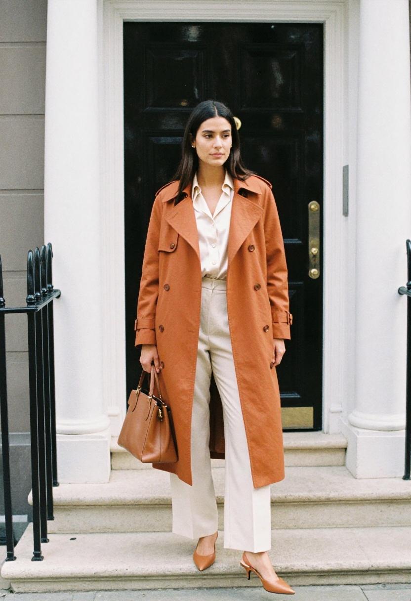Burnt orange trench coat over ivory wide-leg trousers creating an architectural entrance moment