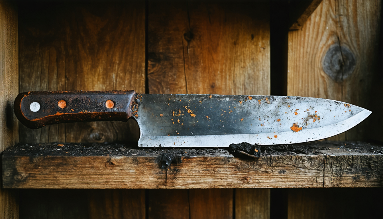 A weathered iron blade resting forgotten on a wooden shelf in a dim shed, orange rust spreading across its surface in the ambient moisture.