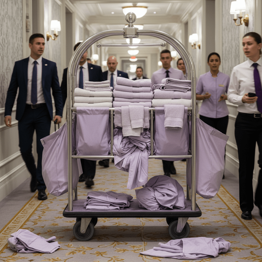 Hotel housekeeping cart with towels and linen shortage pressure