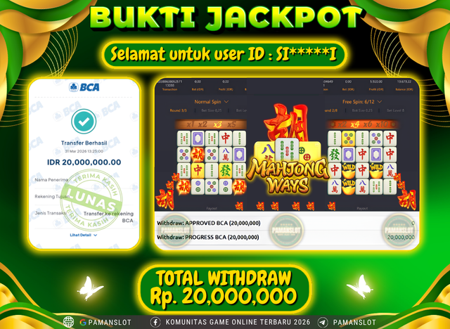 Selamat kepada Member PAMANSLOT Game Mahjong Ways : SI*****I