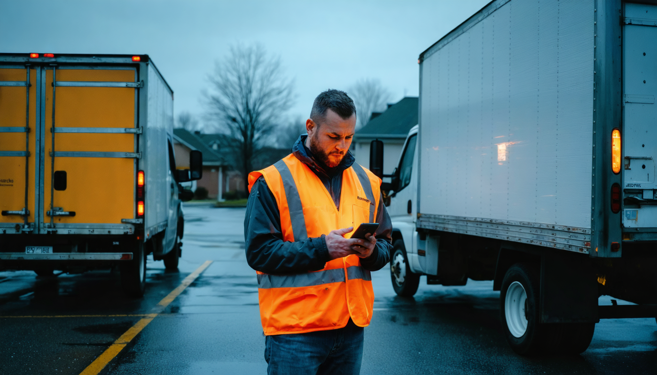 A delivery worker in a reflective vest standing between two idling vehicles at dusk, checking a phone.