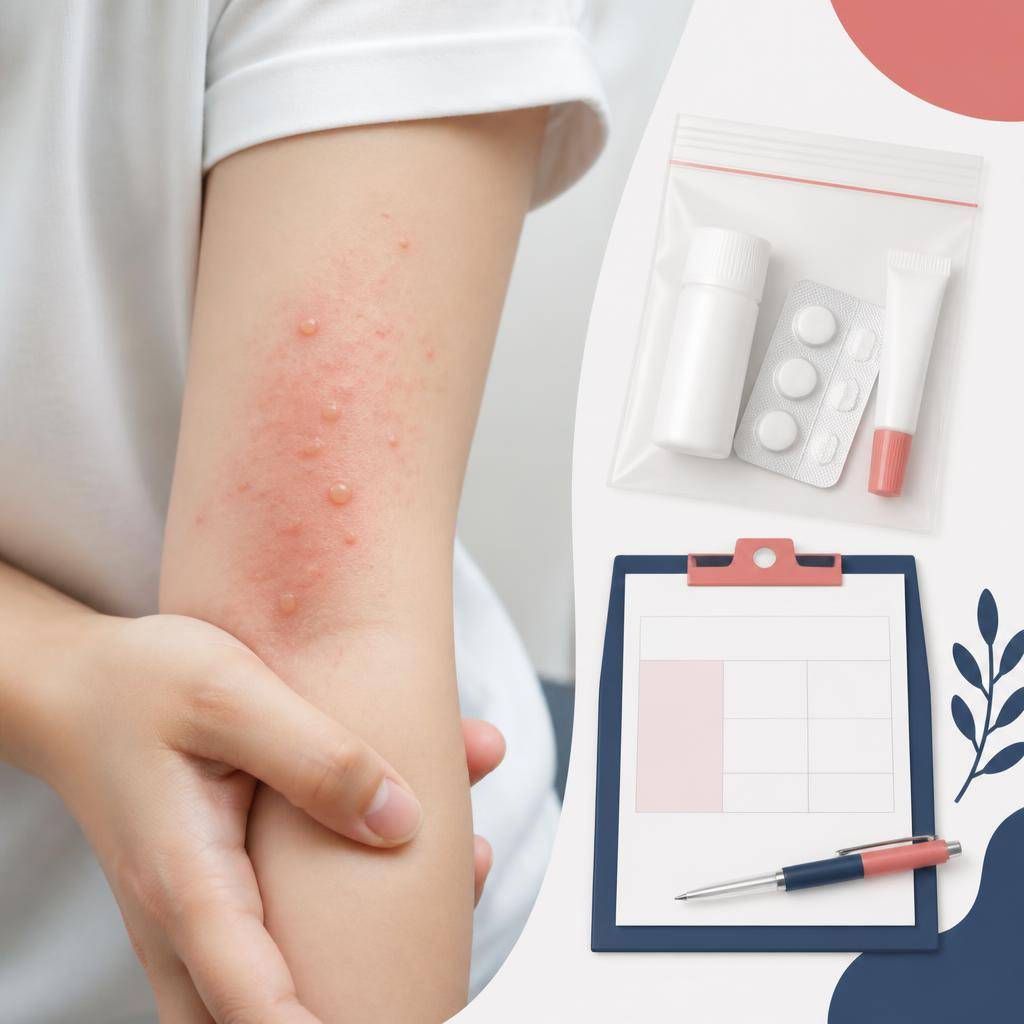 햇빛 노출 후 팔에 붉은 발진과 작은 물집이 생긴 상황을 과장 없이 보여주는 건강 교육용 
