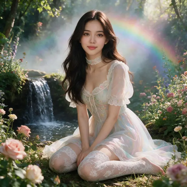 A girl with soft transparent shimmering pastel fairy-style dress with floral lace details, matching lacy choker, matching thigh high stockings, no shoes, kneeling in a lush forest garden near a waterfall, roses and flowers in the foreground, subtle rainbow mist in the background, gentle smile, ethereal natural lighting, dreamy fantasy realism, high detail, romantic fairytale mood.