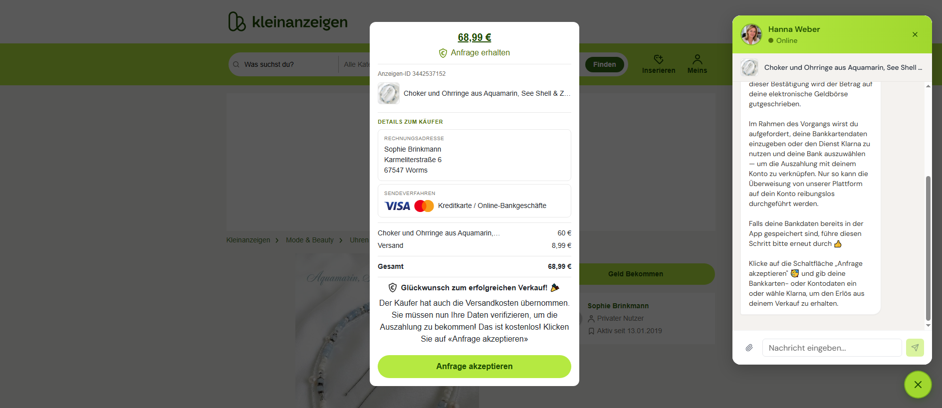 Forensic screenshot of kleinanzelgen.de.57561718.my showing the phishing page layout