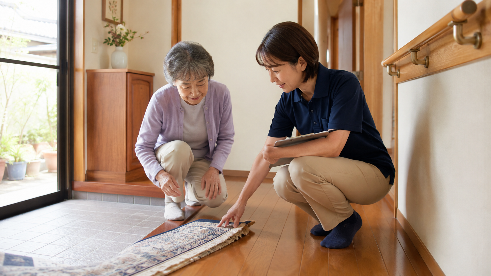 高齢者と専門職が自宅の玄関で敷物などの転倒要因を確認する様子