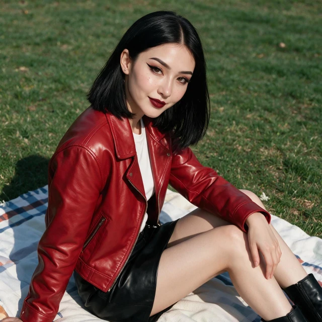 A girl with red leather jacket, black leather miniskirt, white top, and black ankle boots, sitting on picnic blanket, seductive smile, three-quarter view