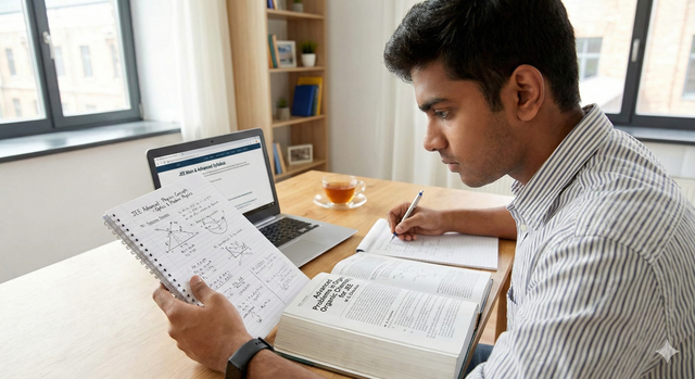 Student comparing detailed concept notes and solving advanced JEE problems