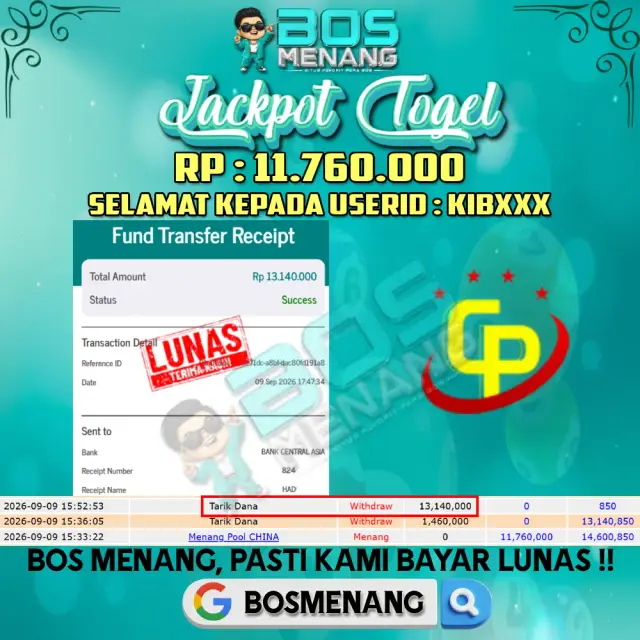 Bukti JACKPOT Tanggal 09 SEPTEMBER 2026 - MENANG TOGEL - CHINA POOLS  Rp 11.760.000,-