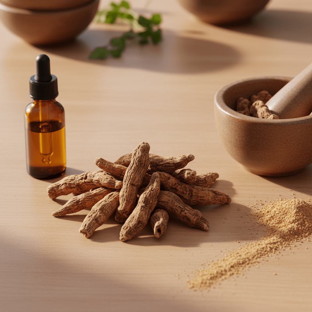 A flat lay of dried ashwagandha root, amber oil bottle, and mortar and pestle in a warm wellness kitchen