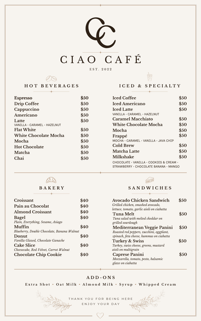 Ciao Cafe's Menu