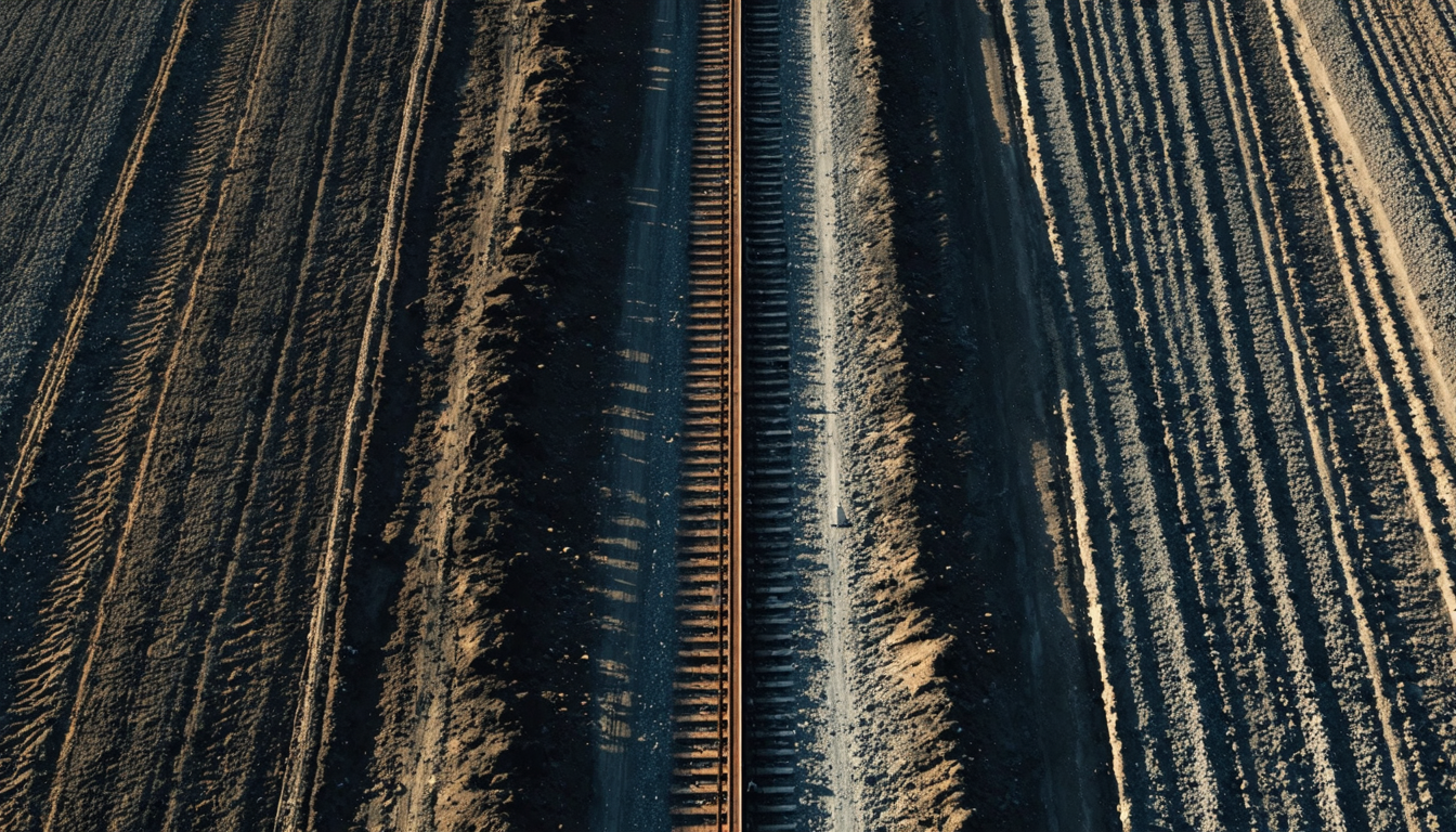An aerial view of rail construction cutting through rich dark agricultural soil in a flat landscape.