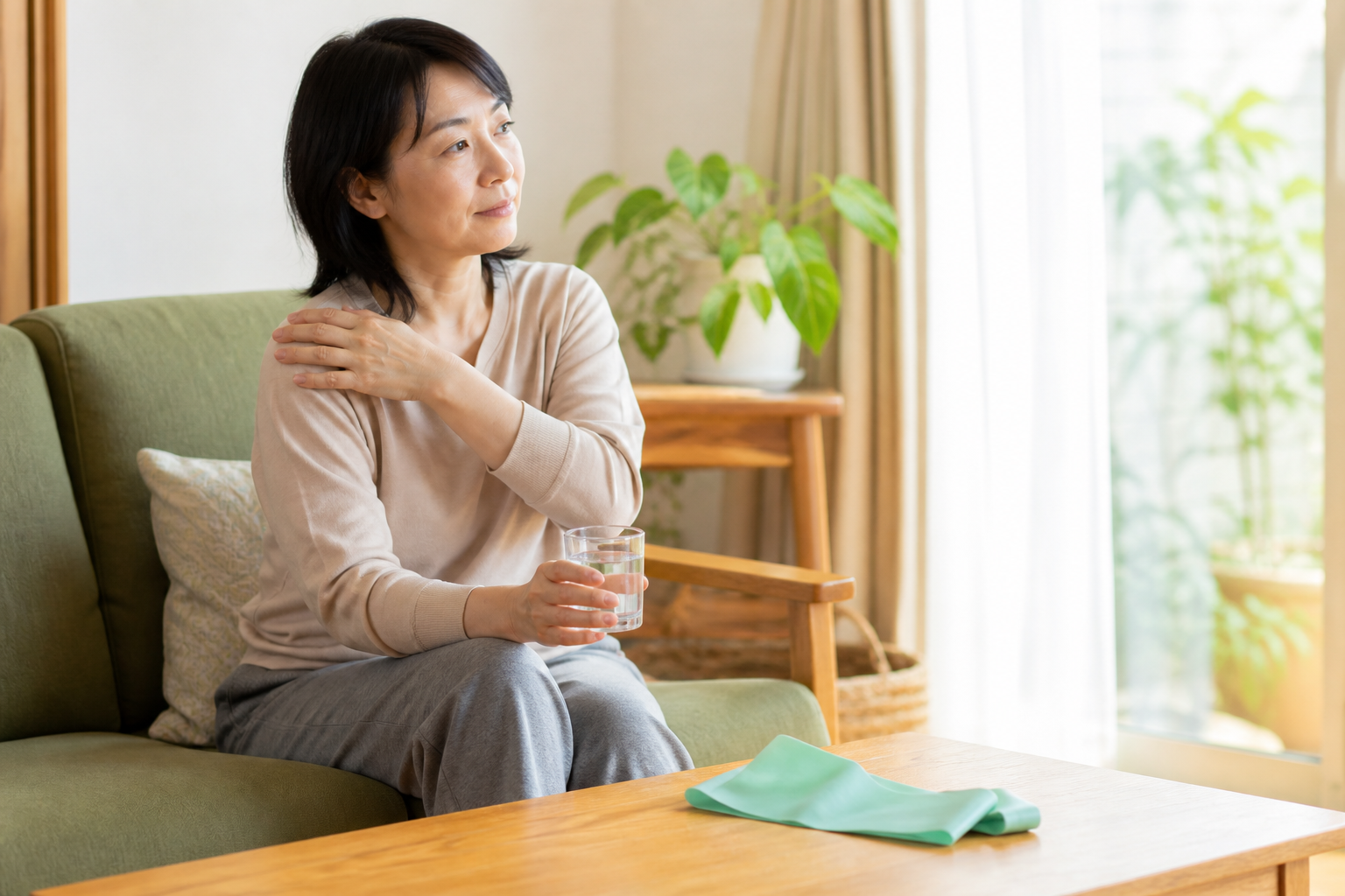 運動後に休息と水分補給をとり体調を確認する様子