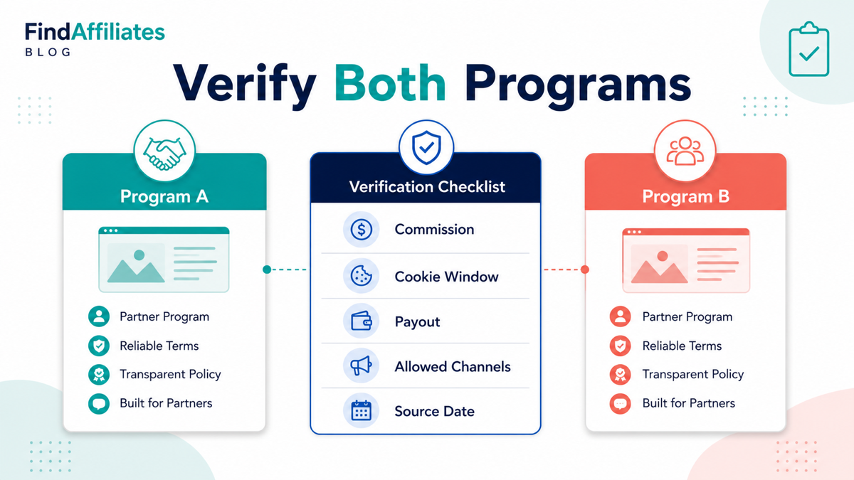Neutral affiliate program comparison checklist for commission, cookie window, payout, channels, and source date