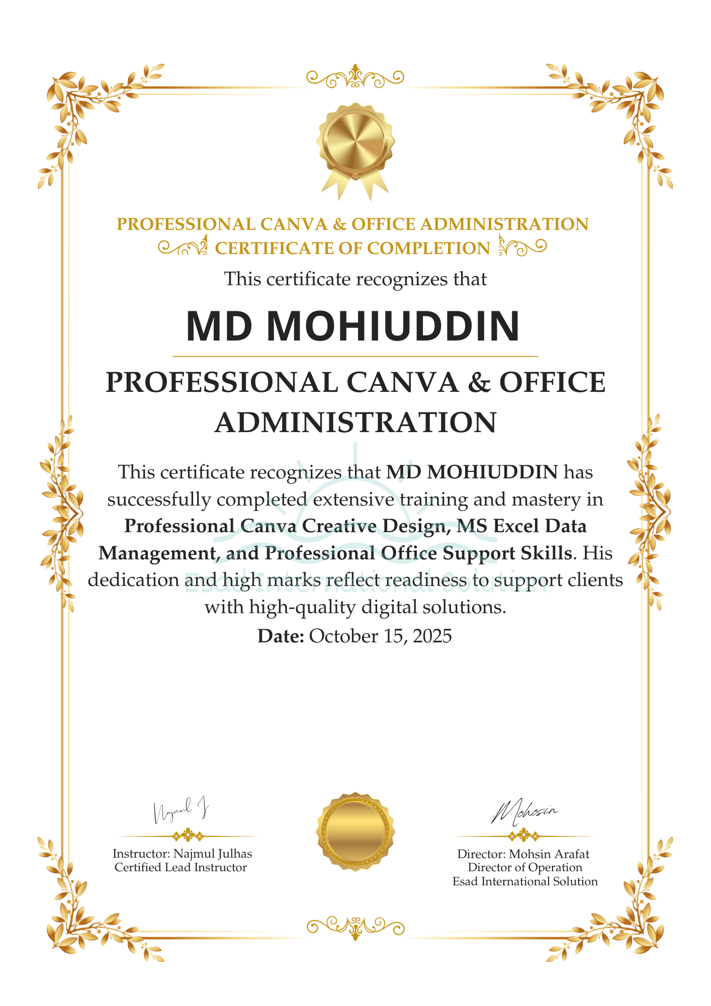 Professional Canva & Office Administration Certificate - MD Mohiuddin