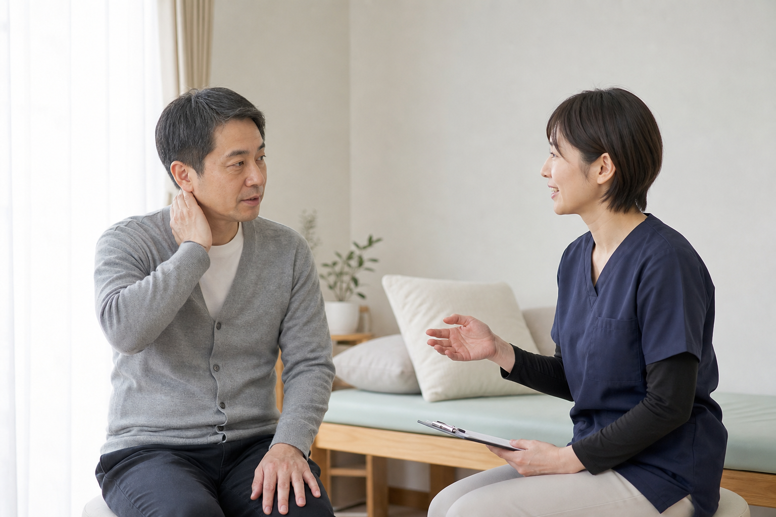 慢性的な首の痛みについて作業療法士に相談する様子