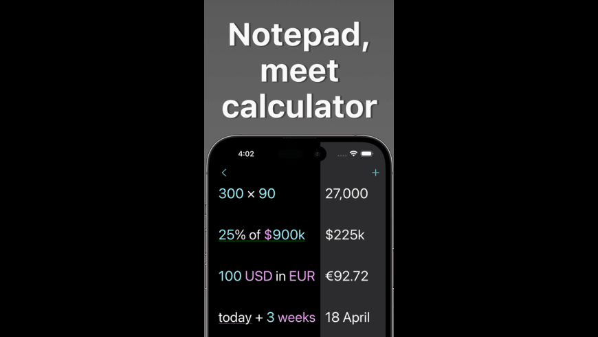 Soulver Mac — notepad calculator showing multi-line calculations with words, percentages and a running total