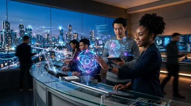 Engineers interacting with holographic quantum computing visualizations in futuristic control room at twilight