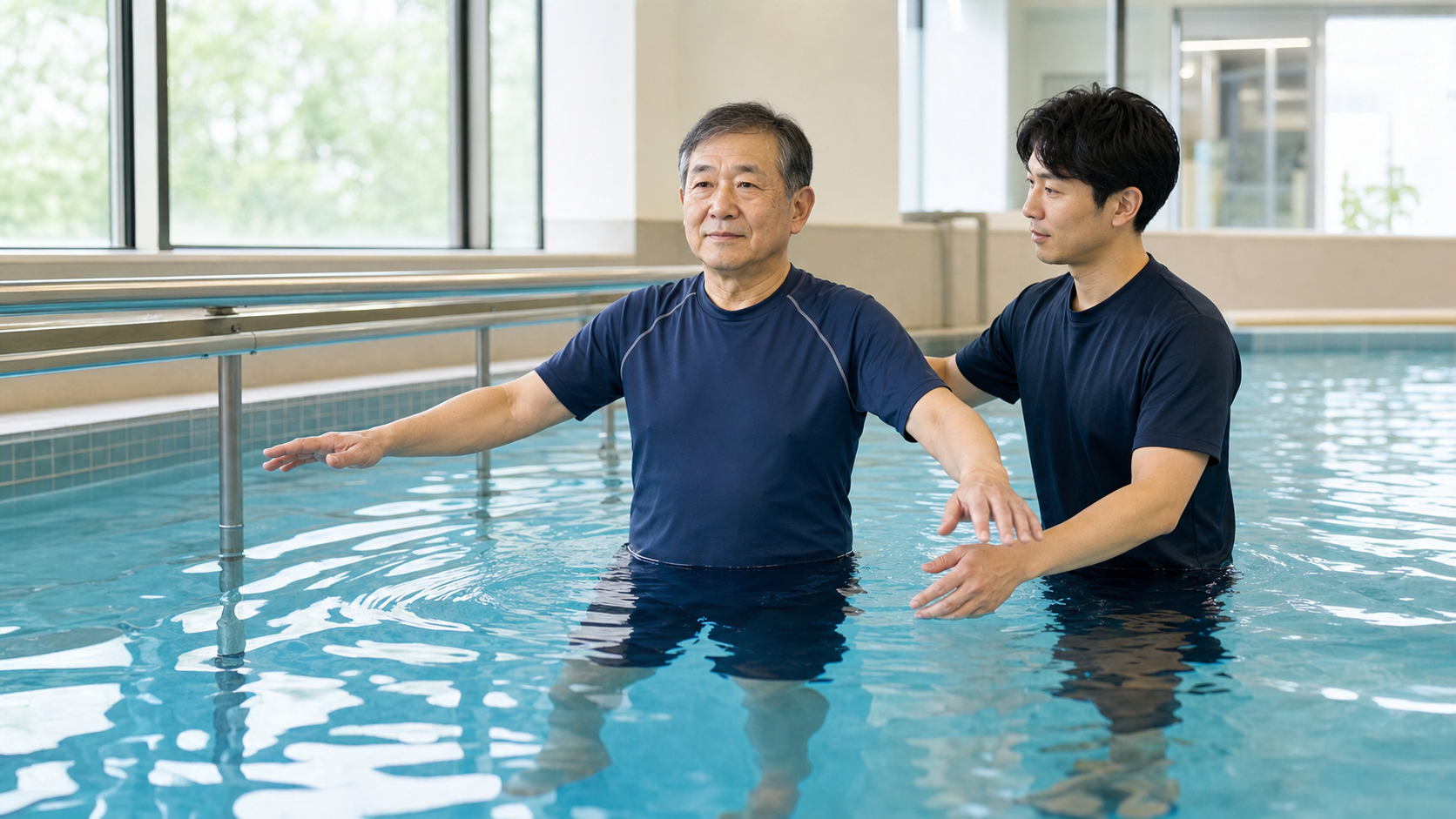 療法士の見守りのもと水中でバランス練習を行うパーキンソン病の方