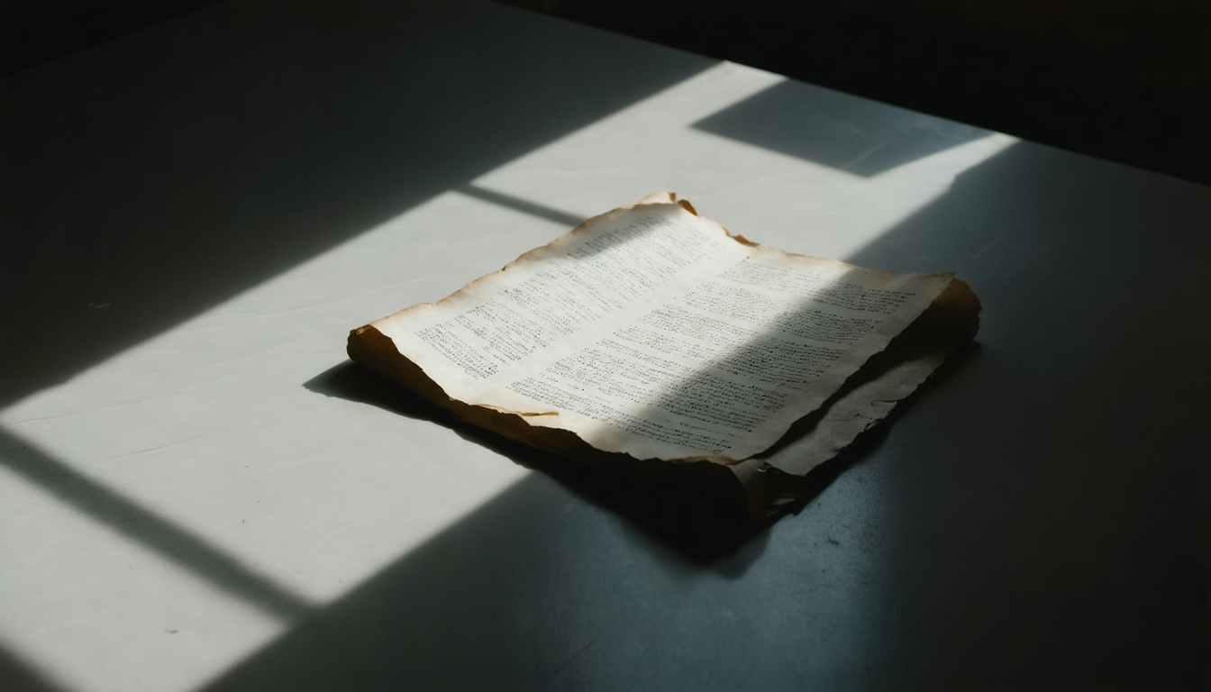 A curled, aging strategy document lit by a thin shaft of cold light on a bare table, surrounded by darkness.