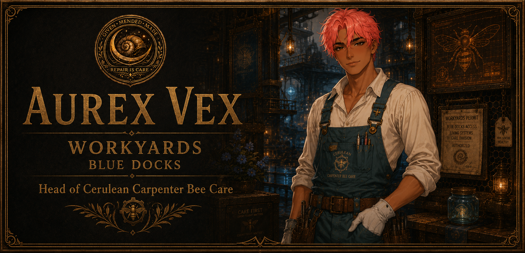 Aurex Vex, Head of Cerulean Carpenter Bee Care in the Blue Docks.