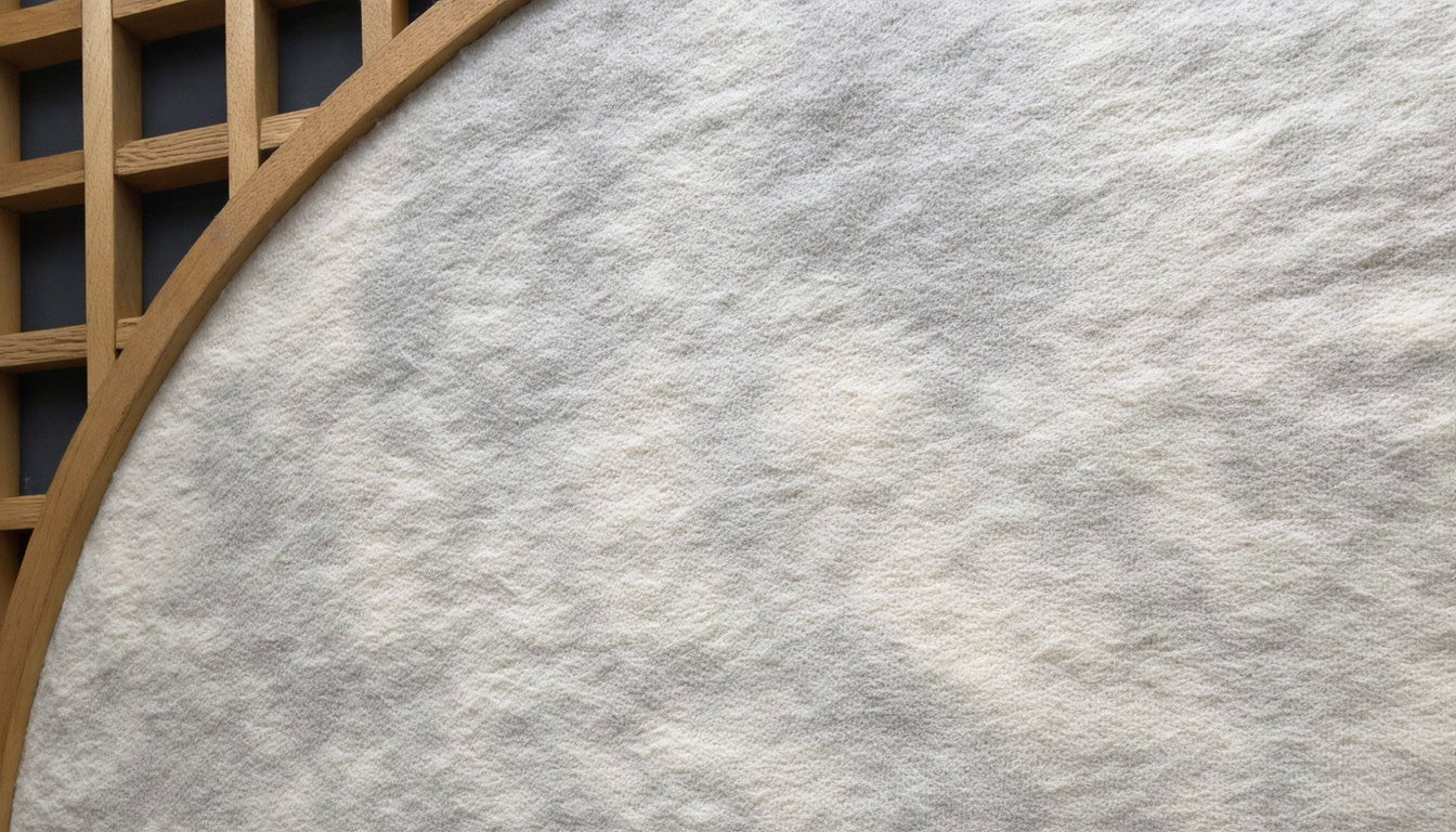 Close-up of rough felt material stretched over a curved wooden lattice frame, showing texture and wear.