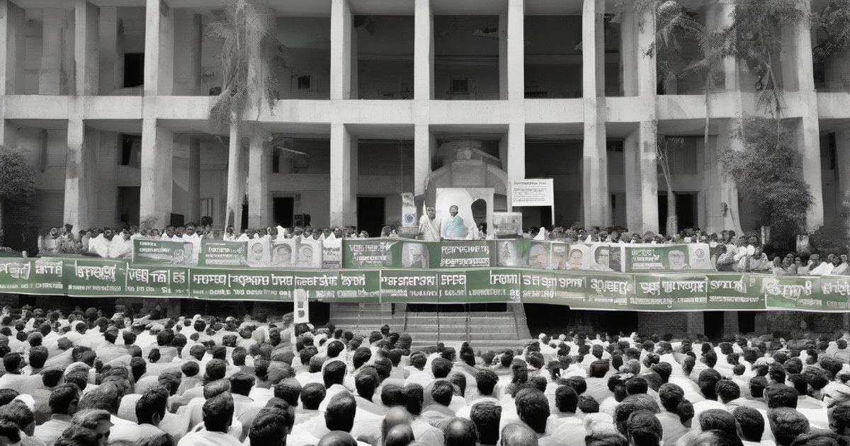 Crowd gathering at Nandigram polling station during bypoll campaigning with political banners