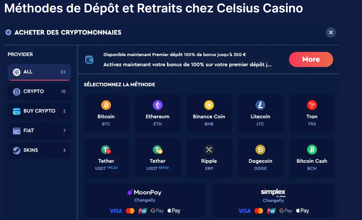 Méthodes de dépôt et de retrait chez Celsius Casino.