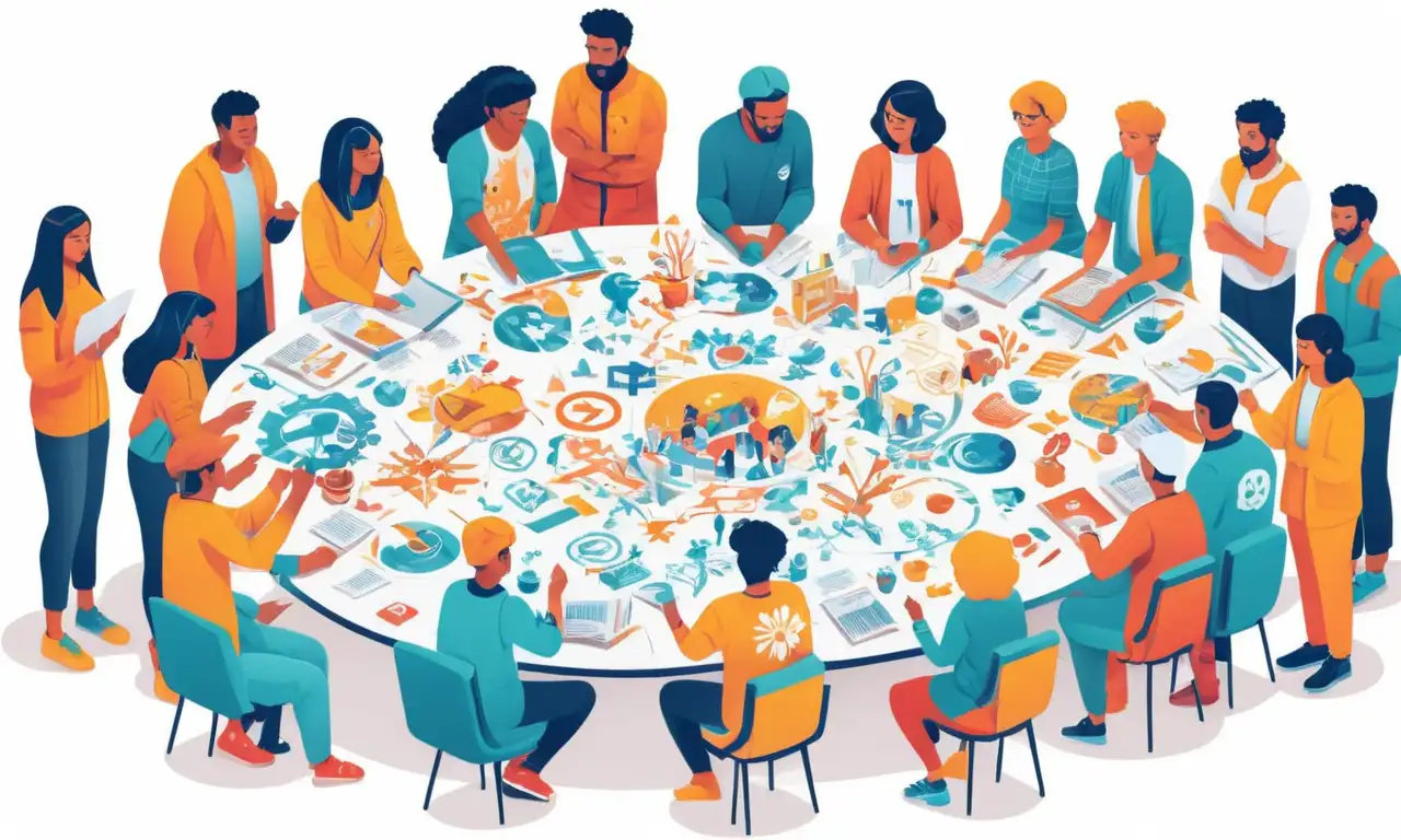 Un grupo de personas de diferentes orígenes que participan en un taller de colaboración, rodeado de símbolos e ilustraciones que representan la solidaridad y el activismo social.