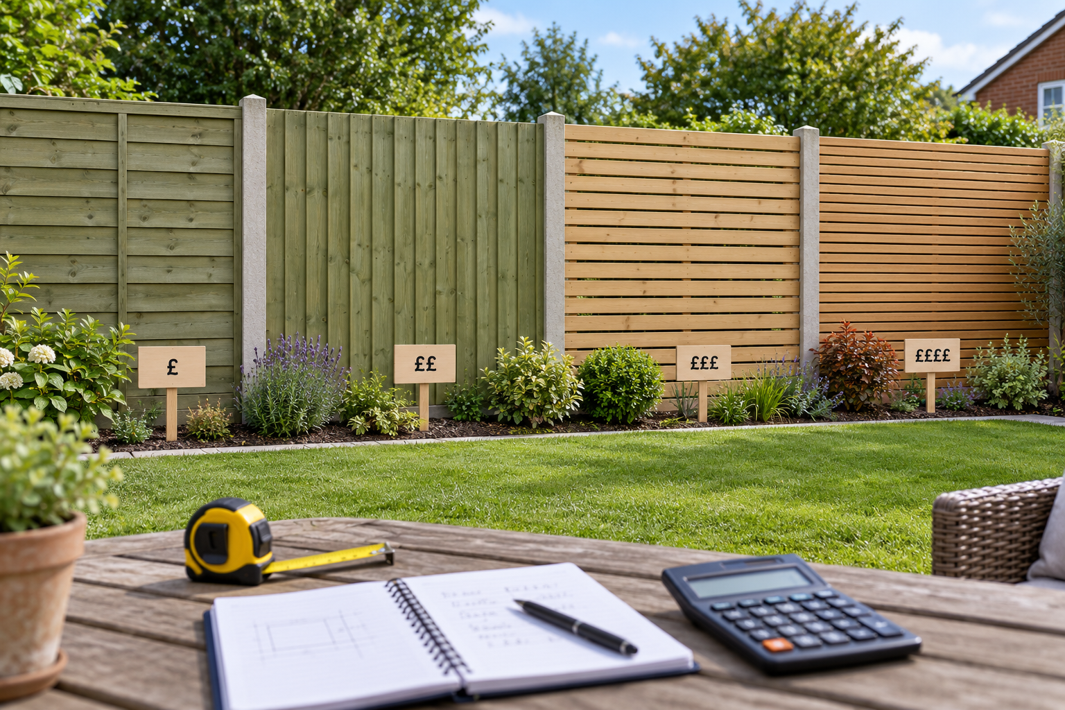 Four garden fence styles compared by cost, with timber panels, concrete posts, a tape measure, notebook and calculator in a UK garden.