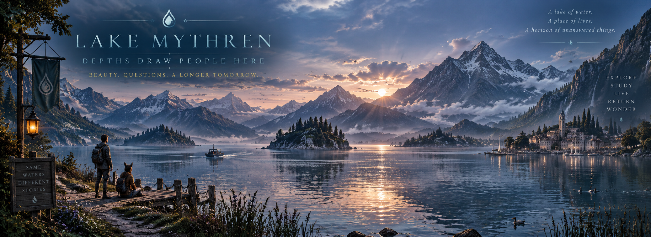 Lake Mythren surrounded by mountain ridges, forested islands and the distant lights of Mythren Wells.