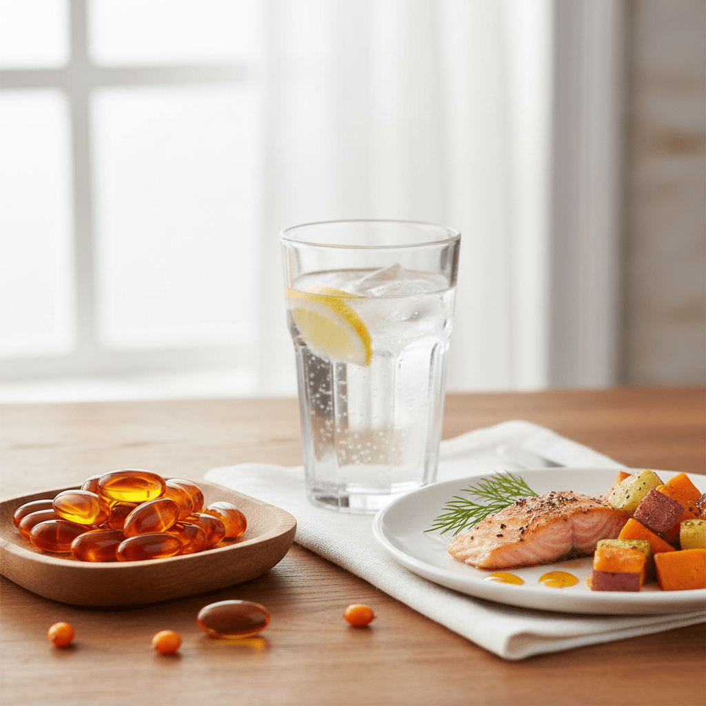 Sea buckthorn oil capsules beside a meal and water for with-food dosing
