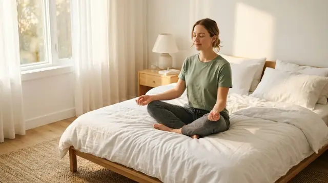 Person meditating casually on a sunlit minimalist bed, calm and grounded morning atmosphere