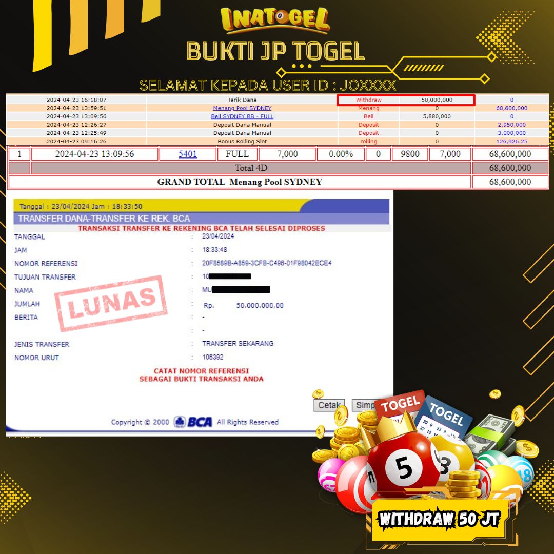 BUKTI PEMBAYARAN JP TOGEL SYDNEY Rp50,000,000,- LUNAS