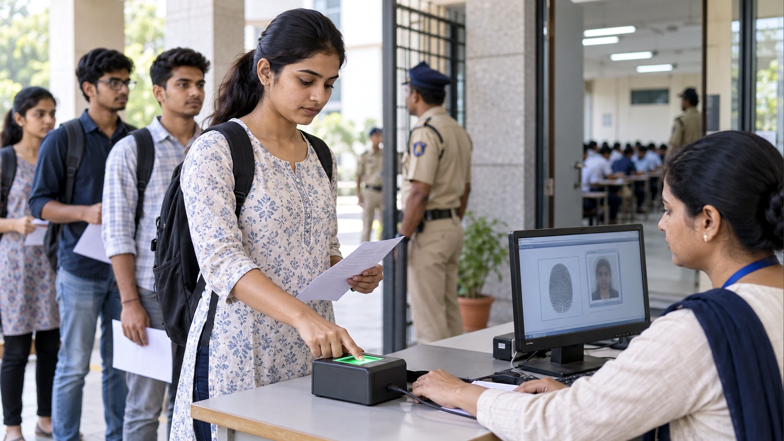 RPSC SI री-एग्जाम 2021: पहली बार बायोमेट्रिक एंट्री, जानें नए नियम - A Woman Standing At A Desk With A Laptop
