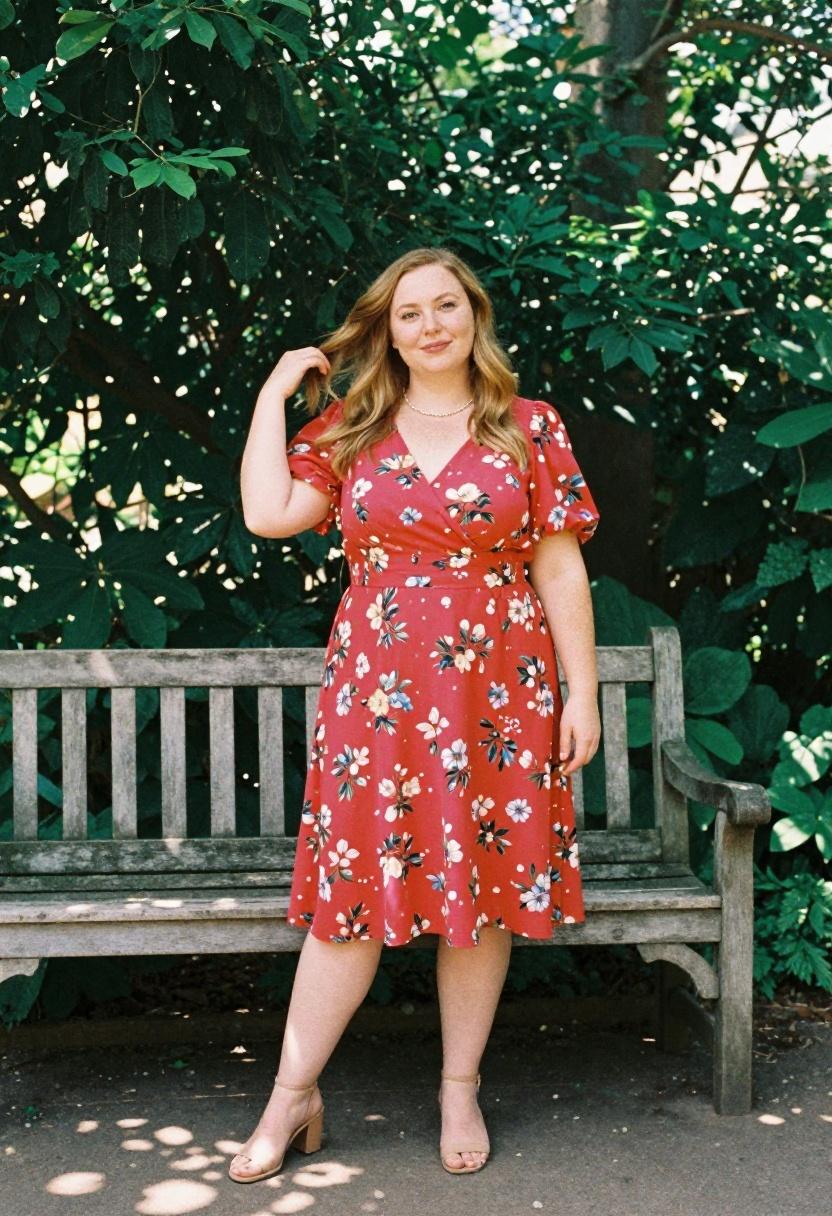 Plus size woman in raspberry red puff-sleeve belted floral tea dress in a dappled garden setting