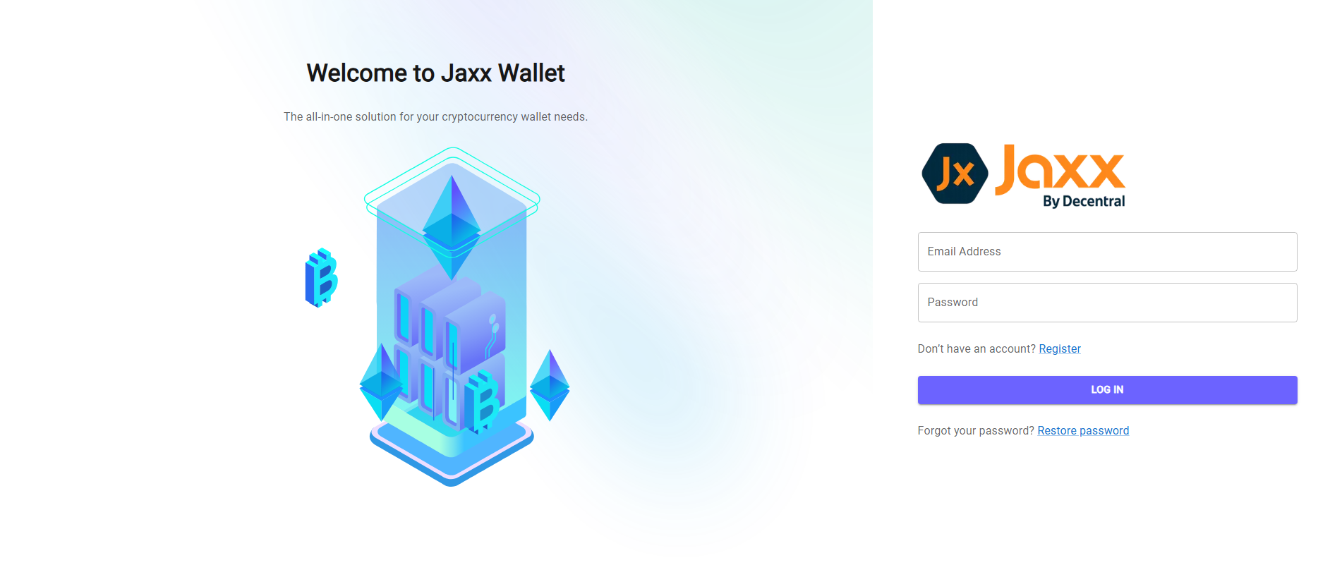 Forensic screenshot of jaxxwallet.eu showing the phishing page layout