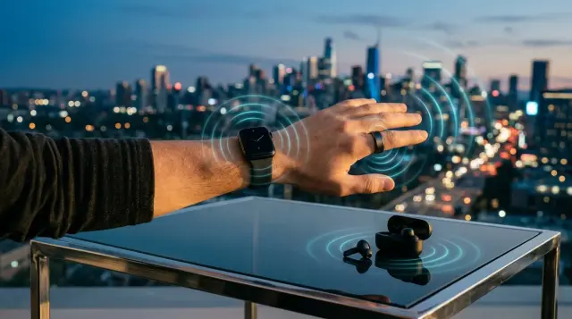 Wearable tech devices on hand and wrist emitting subtle glowing radio wave ripples at dusk