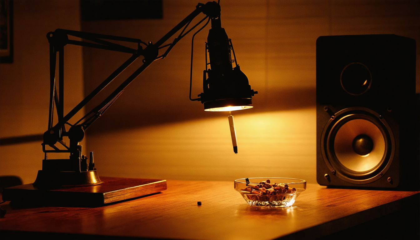 A dim studio at night with a suspended microphone and a single warm lamp, a heavy glass ashtray in the foreground.