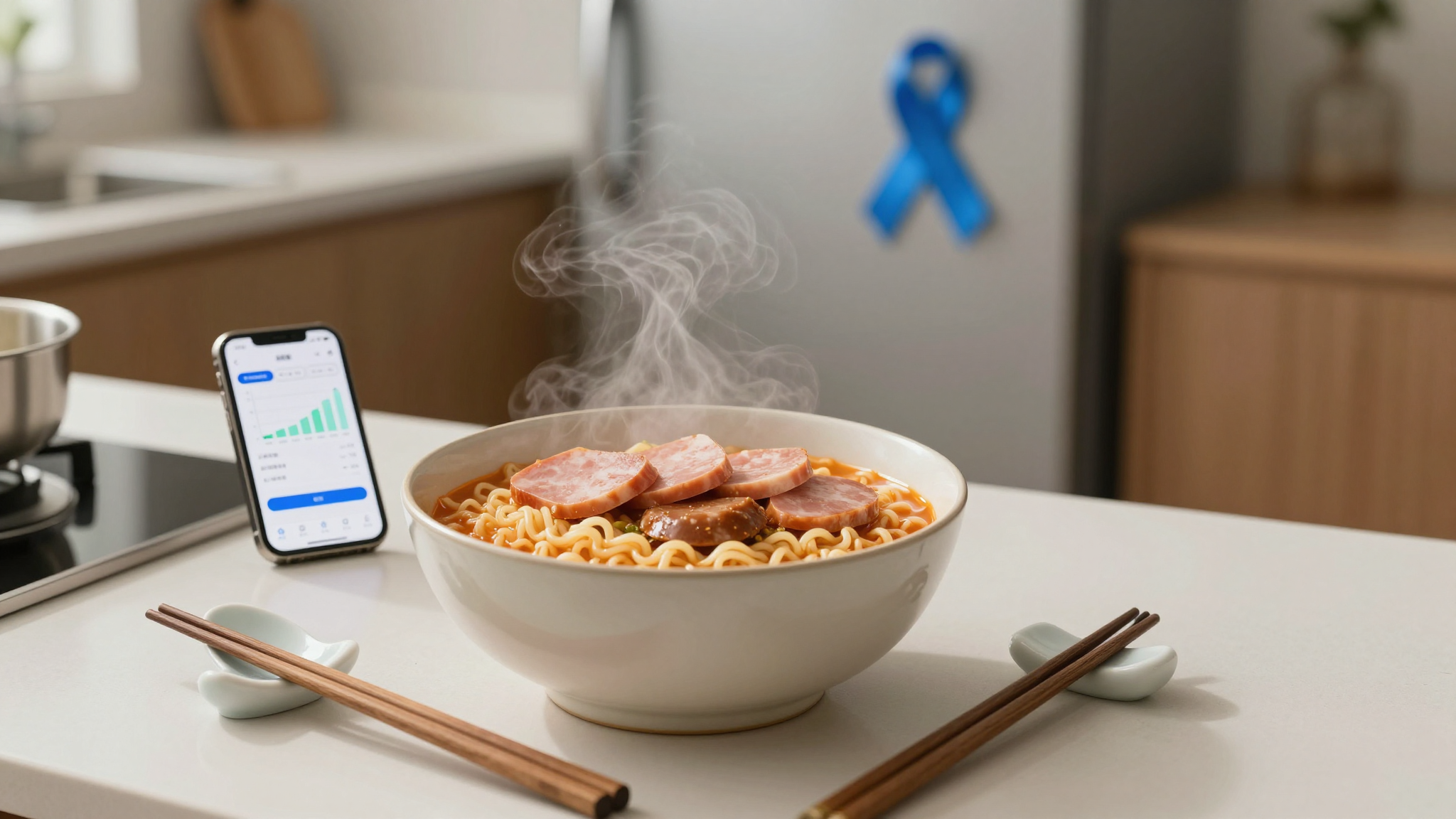 김치찌개가 담긴 냄비와 밥그릇, 젓가락이 놓인 식탁 위에 대장암 예방 리본이 보이는 주방 풍경