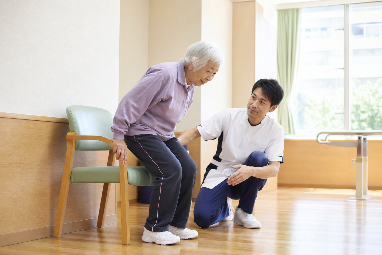 専門職の見守りで椅子から立ち上がる高齢者