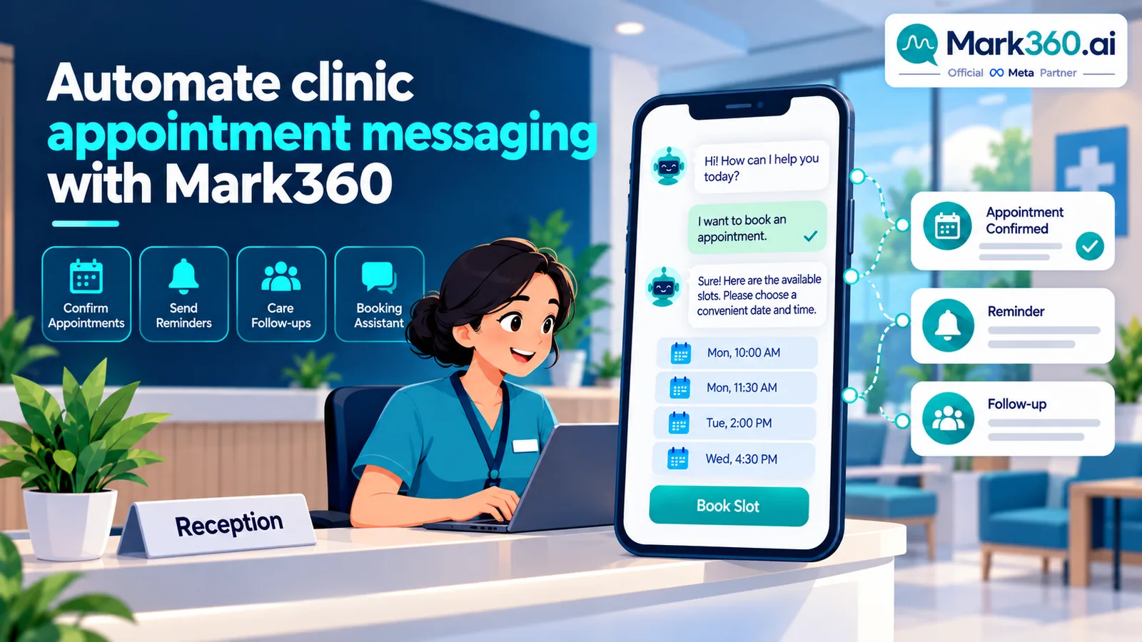 Mark360 Meta Partner CTA for clinic WhatsApp appointment booking automation