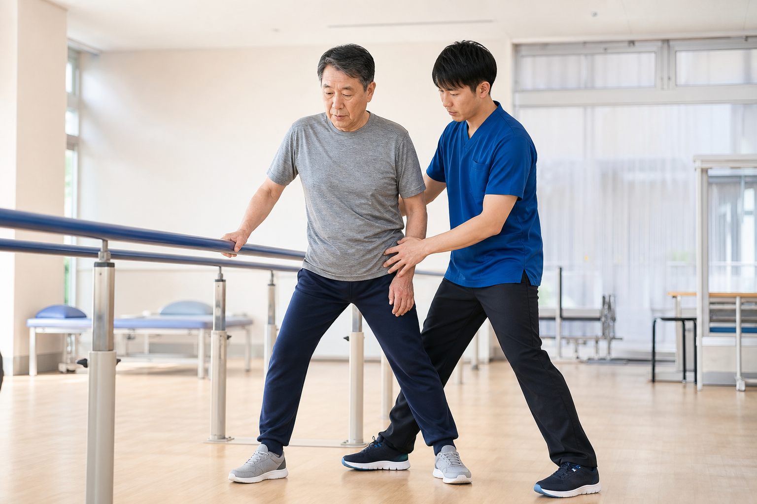 専門職の介助下で横方向へ一歩踏み出して姿勢を立て直す練習