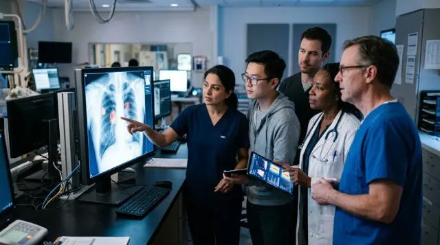 Doctors and data scientists reviewing AI-highlighted chest X-ray in modern radiology suite, contemplative mood