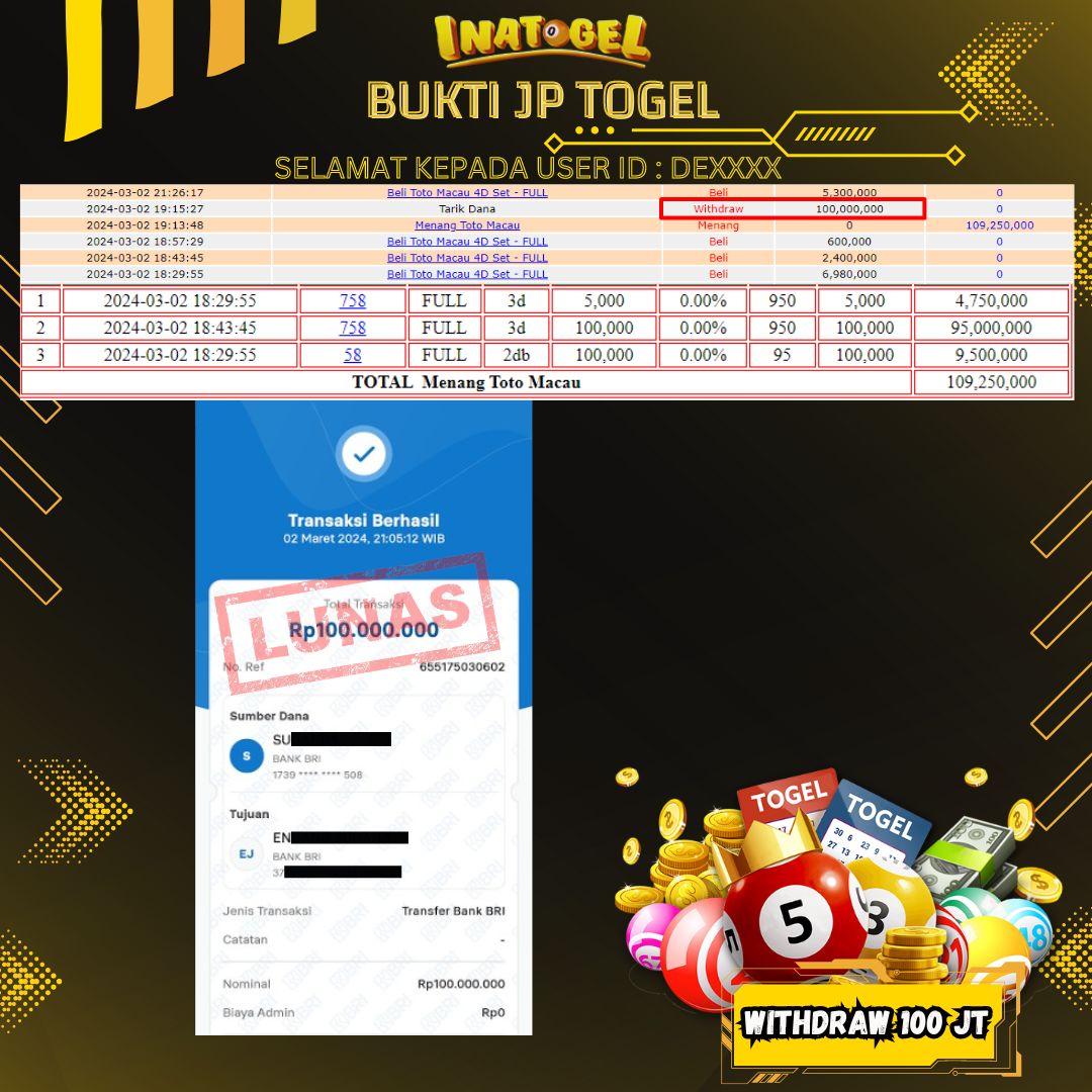 BUKTI PEMBAYARAN JP TOTO MACAU Rp100,000,000,- LUNAS