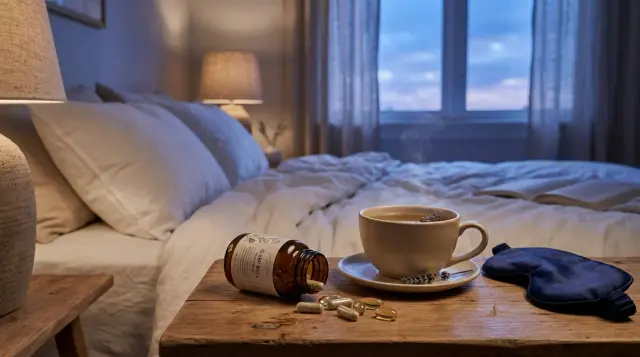 Natural sleep supplements and chamomile tea on nightstand in moonlit serene bedroom
