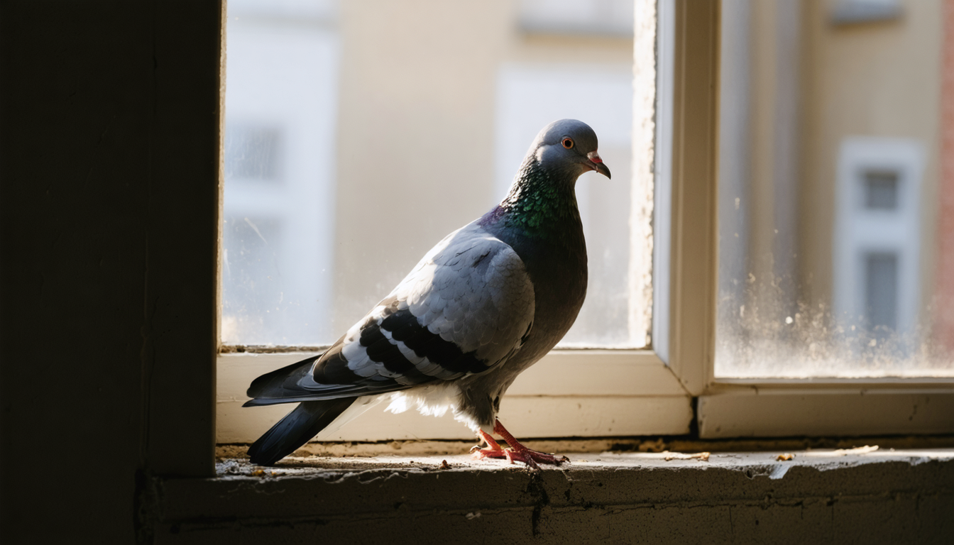 A single pigeon standing on a concrete windowsill in warm morning light, viewed from inside a dim room, one foot visibly absent.