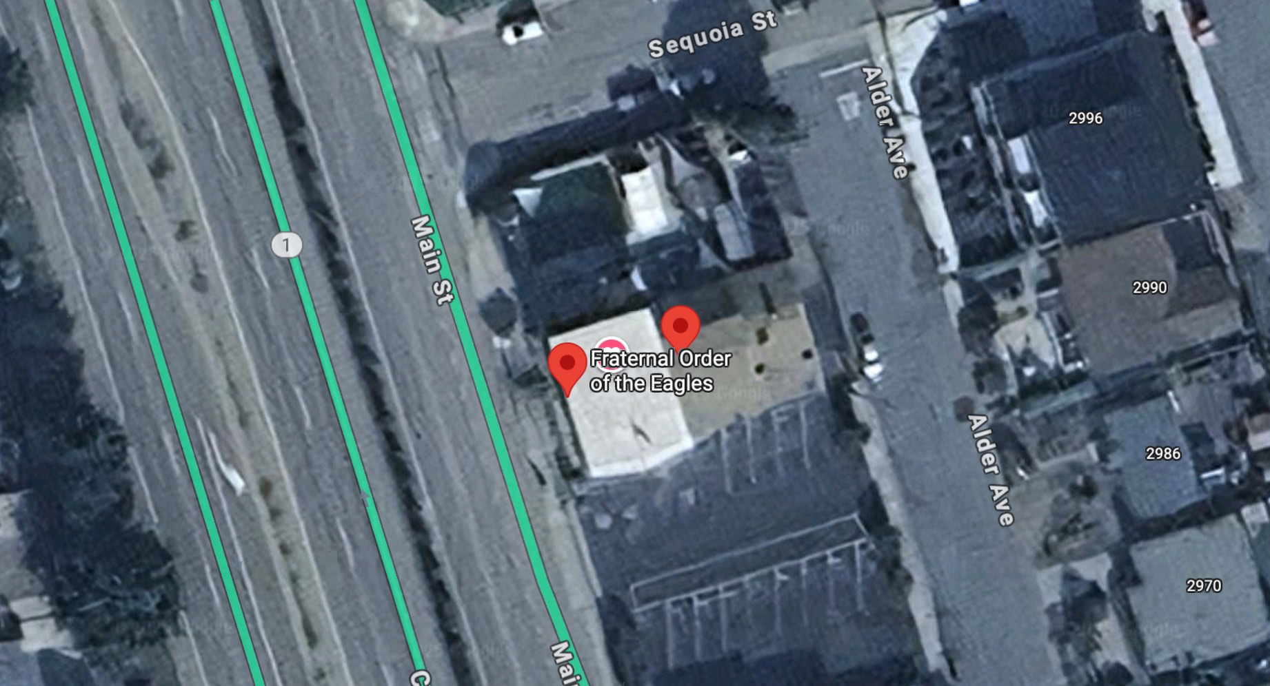 Satellite map view showing Fraternal Order of the Eagles building at 2988 Main St, Morro Bay, CA
